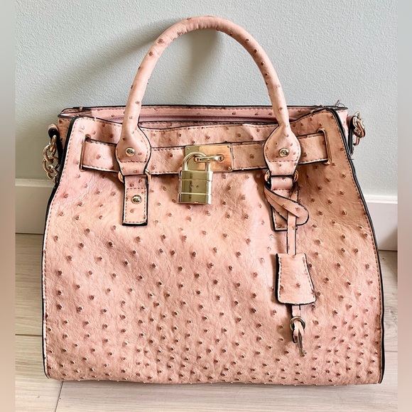 Handbags - Pink Faux Ostrich Leather Bag With Gold Lock and Key